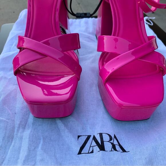 ZARA NEON PINK PATENT STRAPPY CHUNKY PLATFORM HEEL SANDALS SIZE 9 - Picture 10 of 10